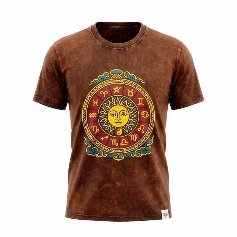 Nomad Sari Camiseta de algodón lavado a piedra - Sol y Zodiaco - Marrón - Talla S
