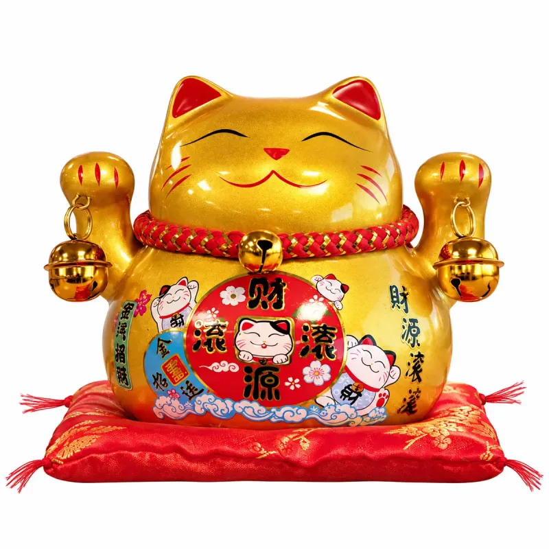 Hucha de cerámica con Gato de la Suerte - Dorado sobre cojín