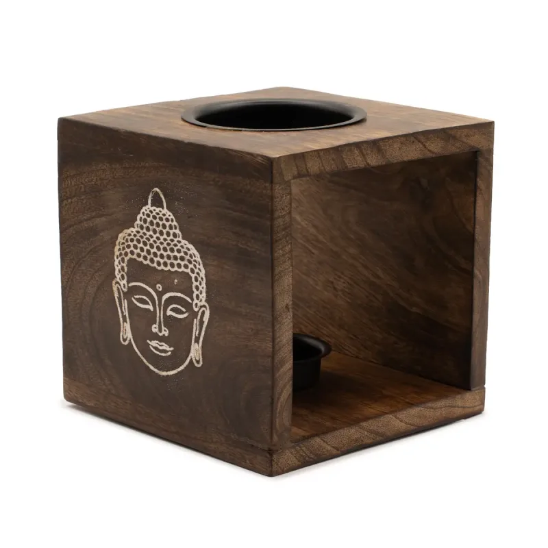 Gran quemador de aceite de madera de mango cuadrado - Cara de Buda