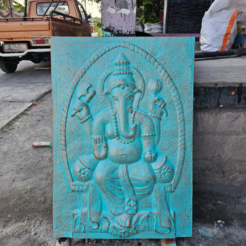 Gran Ganpati Marco de cemento fibrótico Turquesa Relieve - 0.7x1m