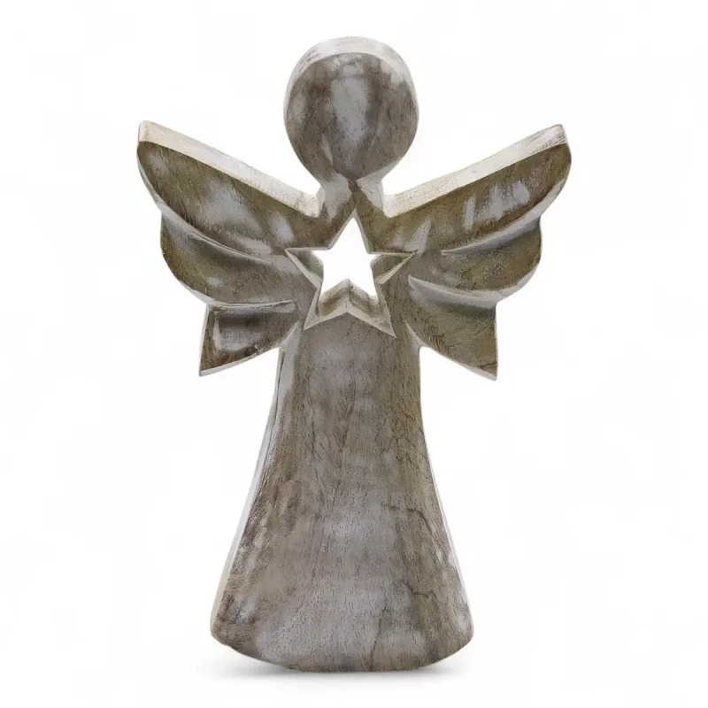Ángel de madera de mango - blanqueado con recorte de estrella