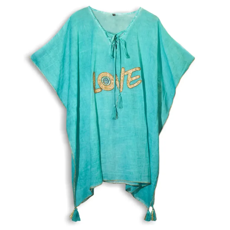 Colección Nómada Sari Mediterráneo - Kaftan - Diseño de Corazón en Turquesa y Oro