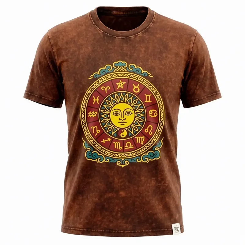 Nomad Sari Camiseta de algodón lavado a piedra - Sol y Zodíaco - Marrón - XL