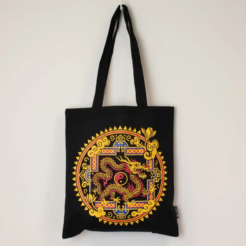 Bolso tote icónico y clásico - Dragón Yin y Yang - Negro 6 oz