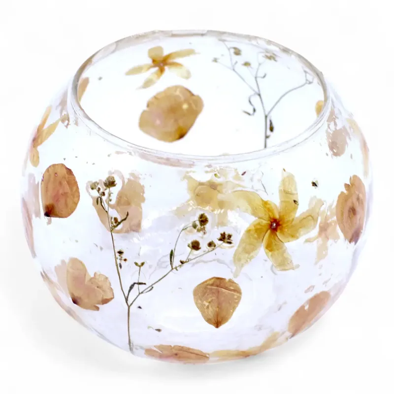 Portavelas de Vidrio floral natural - Cuenco grande rosa - (12x13cm)
