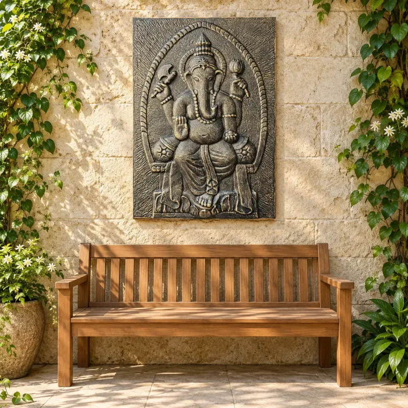 Gran Ganpati Marco de cemento fibrótico Antiguo Oro Relieve- 0.7x1m
