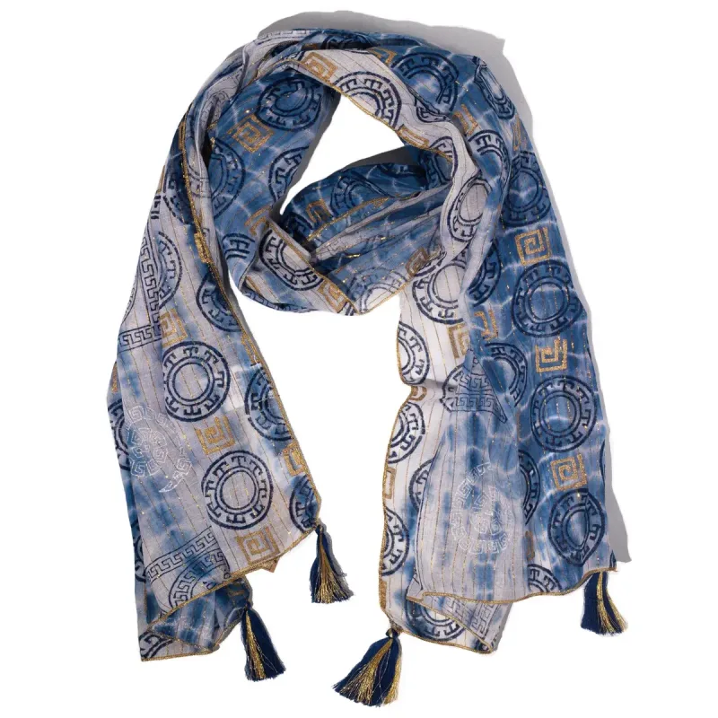Nomad Sari Bufanda estampada de Marbella para verano - Azul con dorado (180x50cm)