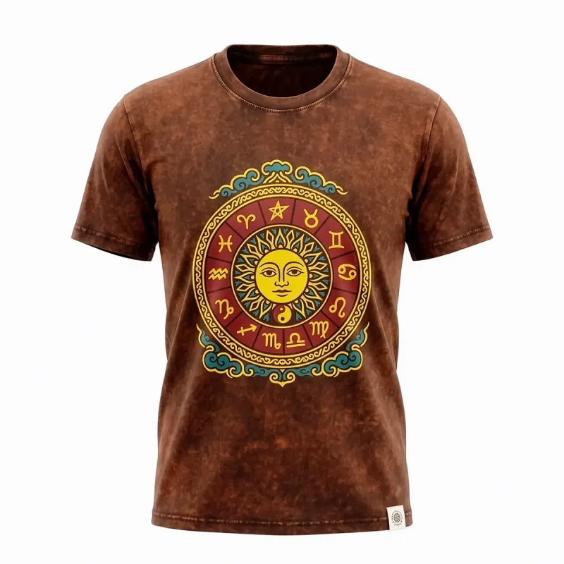 Nomad Sari Camiseta de algodón lavado a piedra - Sol y Zodiaco - Marrón - Mediano