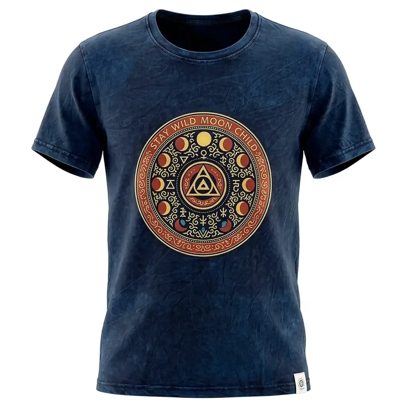 Nomad Sari Camiseta de algodón lavado a la piedra - Mantente Salvaje, Hijo de la Luna - Azul - XL