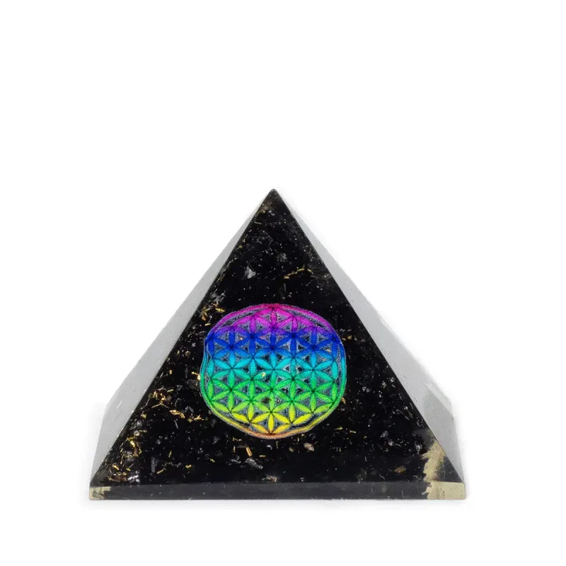 Piramides de orgonita pequeñas 5.5x4.5cm - Flor de la Vida - trozos de tormalina negra