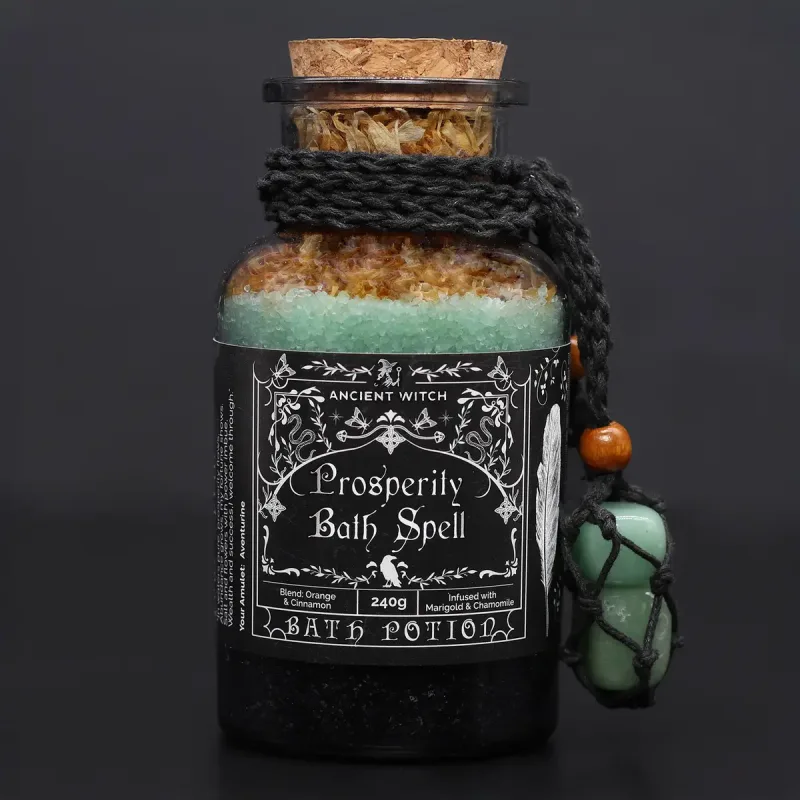 Poción de hechizo de baño de bruja antigua y amuleto de cristal de aventurina - prosperidad