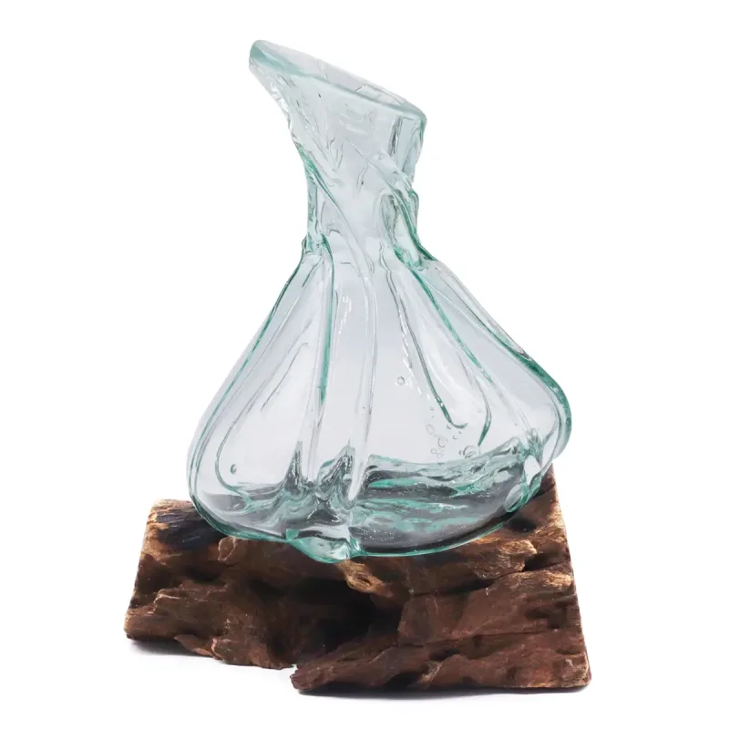 Mini decantador de vidrio fundido decorativo sobre una base de madera, 24 cm