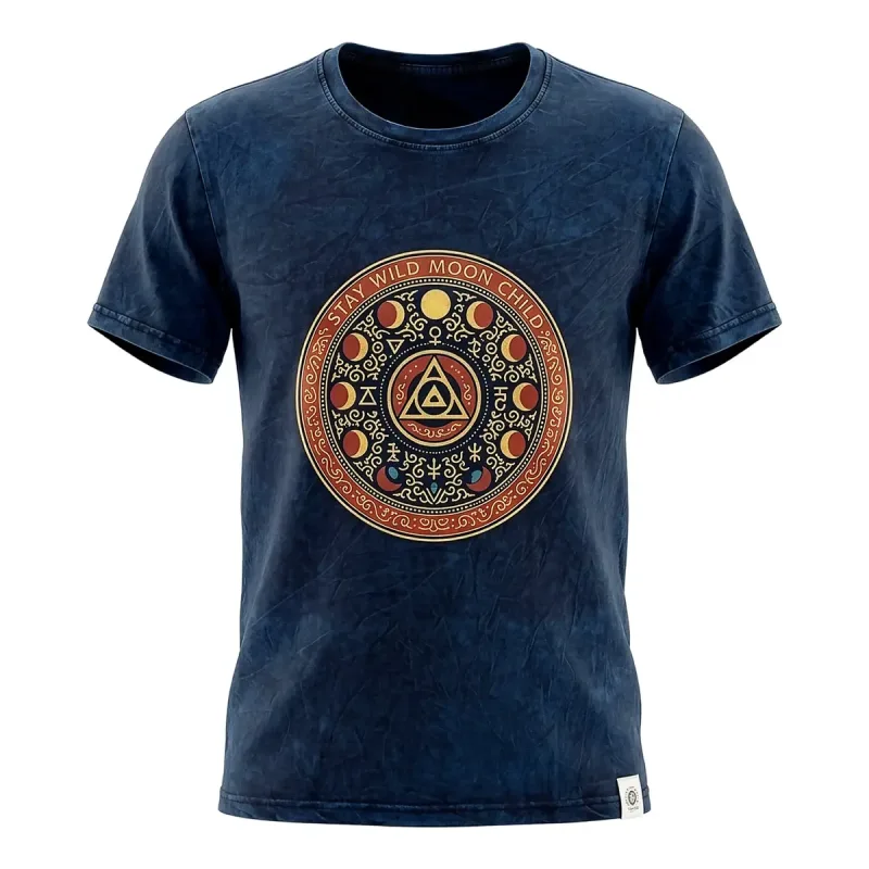 Camiseta de algodón lavado a piedra Nomad Sari - Mantente salvaje, hijo de la luna - Azul - Grande