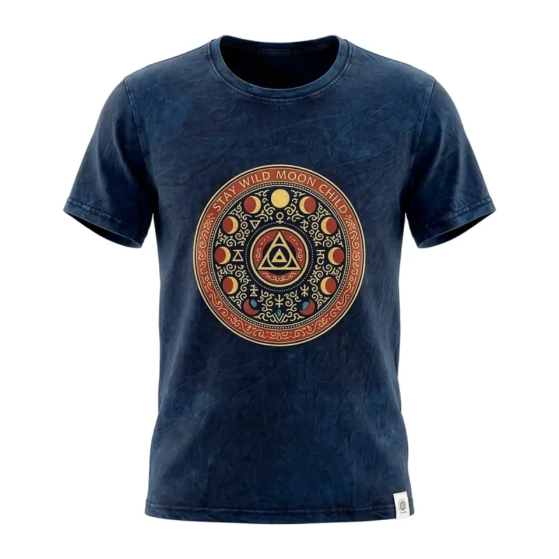 Nomad Sari Stonewashed Cotton T-Shirt - Mantente salvaje, hijo de la luna - Azul - Mediano