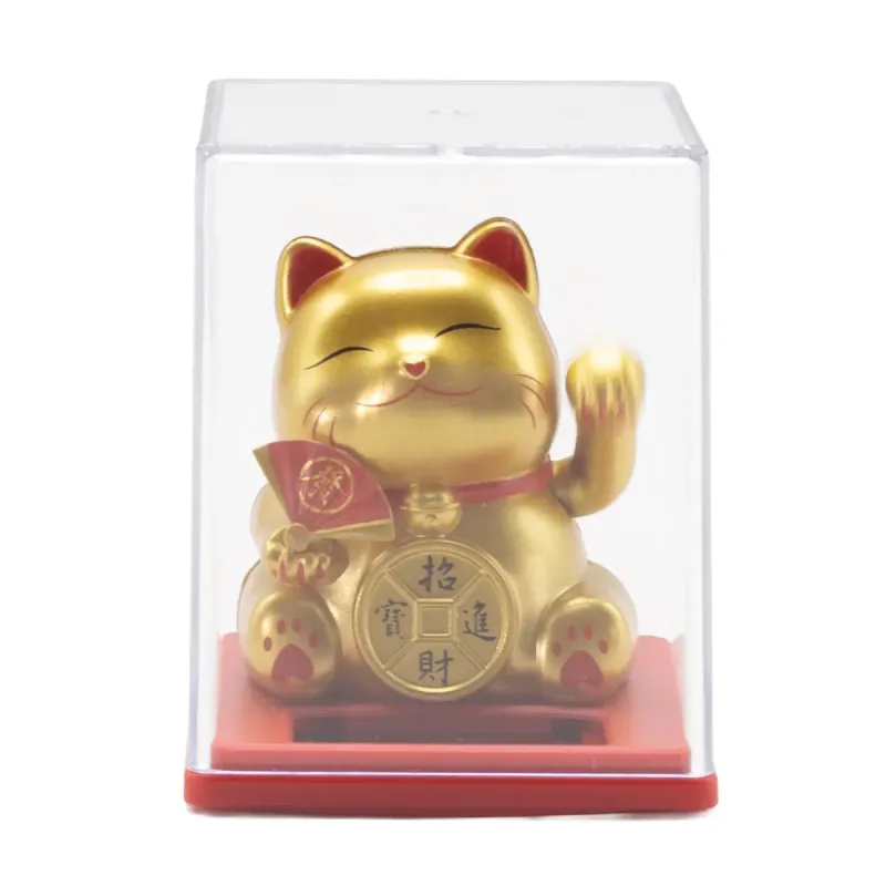 Mini gato de la fortuna con energía solar en una caja - Dorado