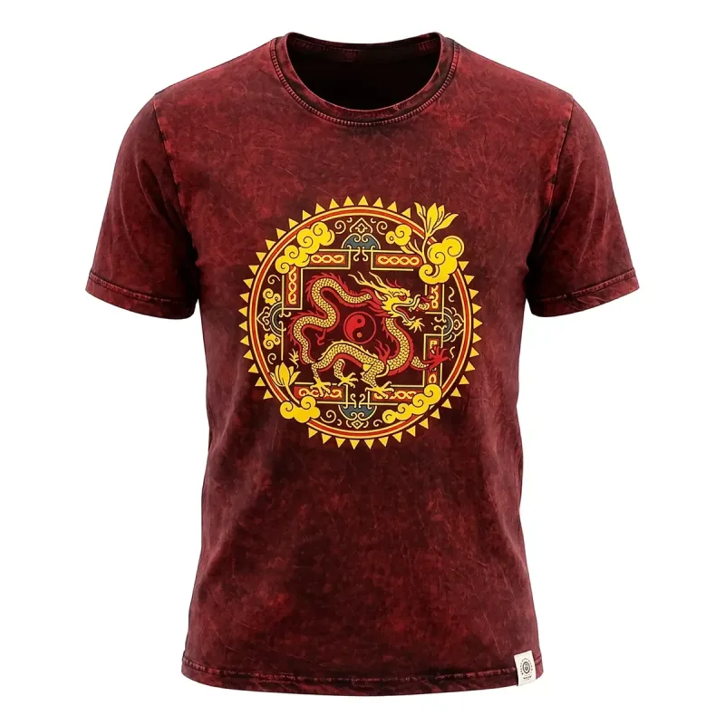 Nomad Sari Camiseta de algodón lavado a la piedra - Mandala de dragón - granate - Grande