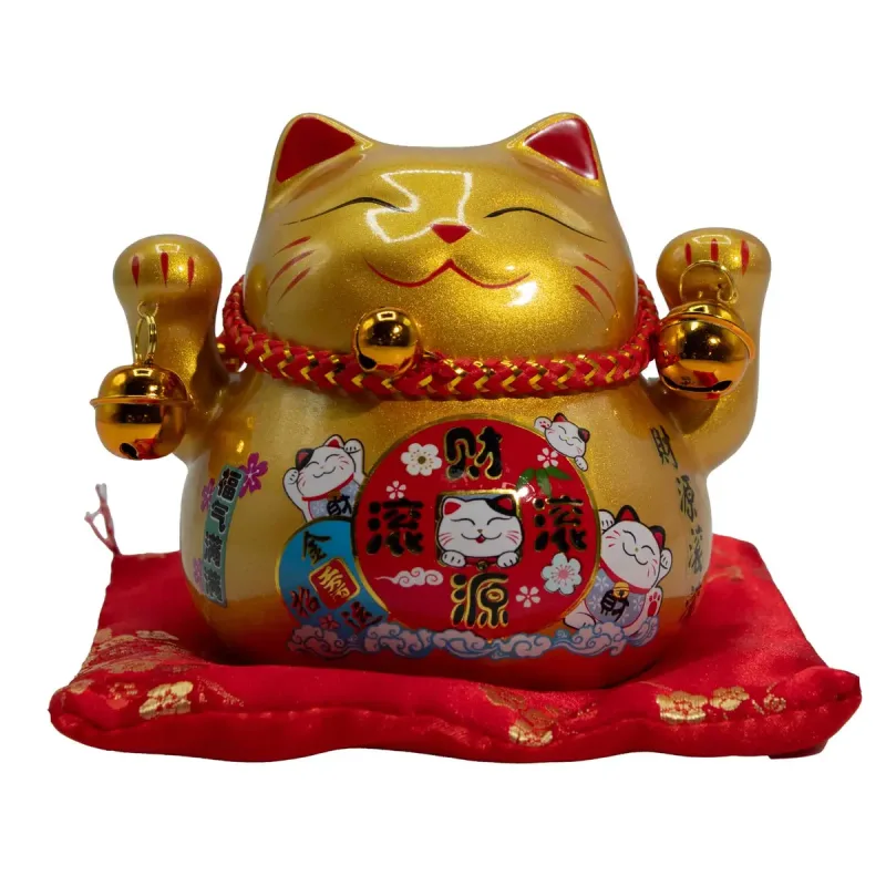 Hucha de cerámica con Gato de la Suerte - Dorado sobre cojín