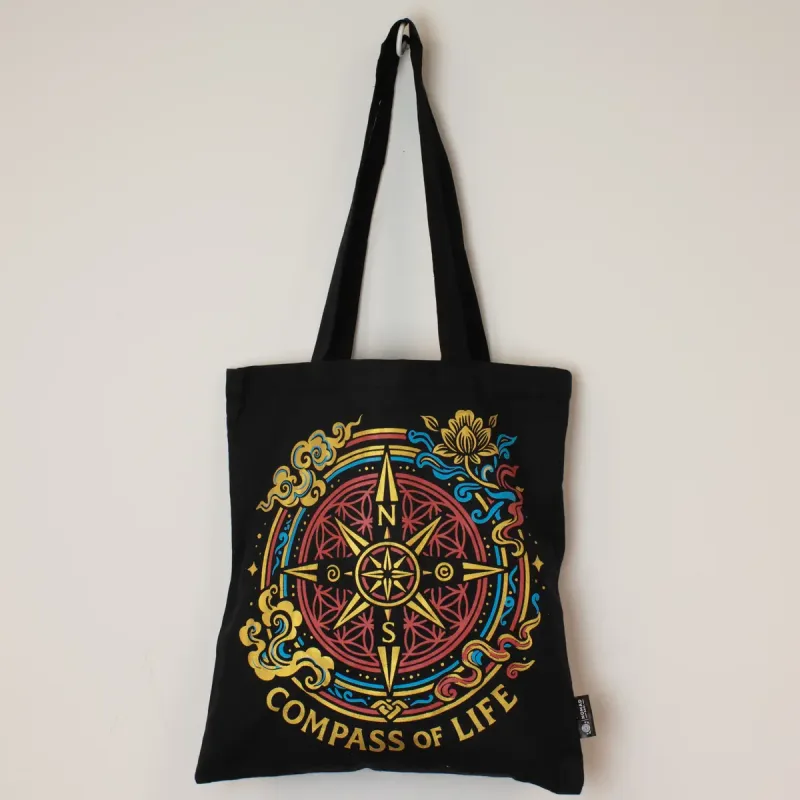 Bolso tote icónico y clásico - Brújula de la Vida - Negro 6oz