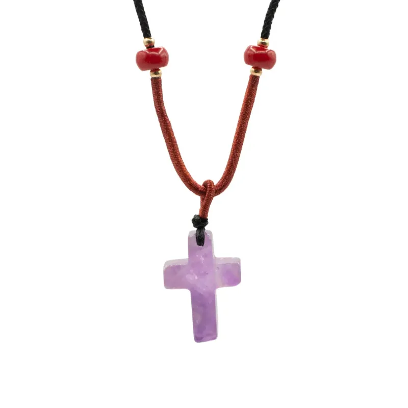 Collar de cuerda Colgante de Piedra Preciosa - Cruz de Amatista