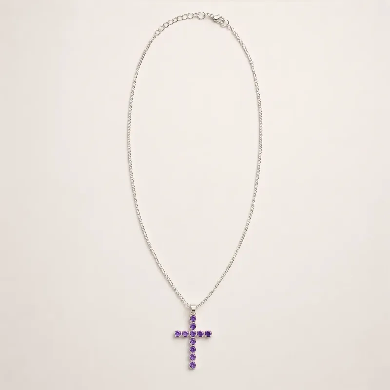 Colgante devocional indio - bañado en plata (cadena de 45 cm) - Crucifijo de amatista